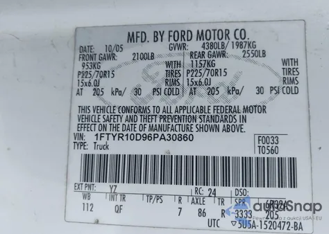 2006 Ford Ranger Xl/Xlt z USA, uszkodzony, nr VIN 1FTYR10D96PA30860